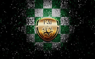 Irl&#228;ndskt fotbollslag, glitterlogotyp, UEFA, Europa, gr&#246;n vit rutig bakgrund, mosaikkonst, fotboll, Irlands fotbollslandslag, FAI-logotyp, Irland