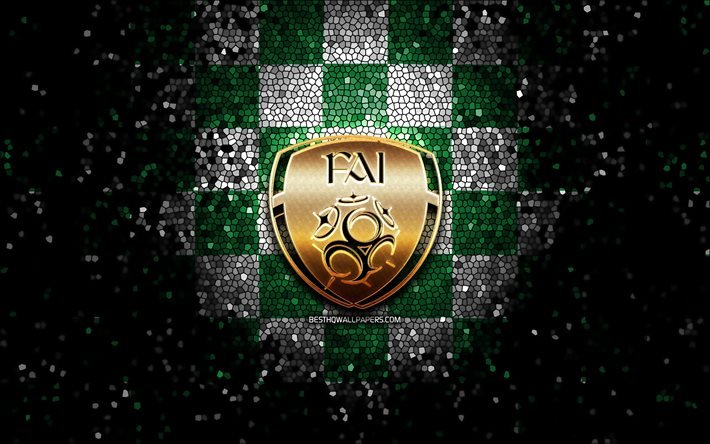 Irish football team, glitter logo, UEFA, Europe, green white checkered background, mosaic art, soccer, Ireland National Football Team, FAI logo, football, Ireland