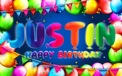 ジャスティン、誕生日おめでとう, 4k, カラフルなバルーンフレーム, ジャスティンの名前, 青い背景, ジャスティンお誕生日おめでとう, ジャスティンの誕生日, 人気のアメリカ人男性の名前, 誕生日のコンセプト, ユスティヌス