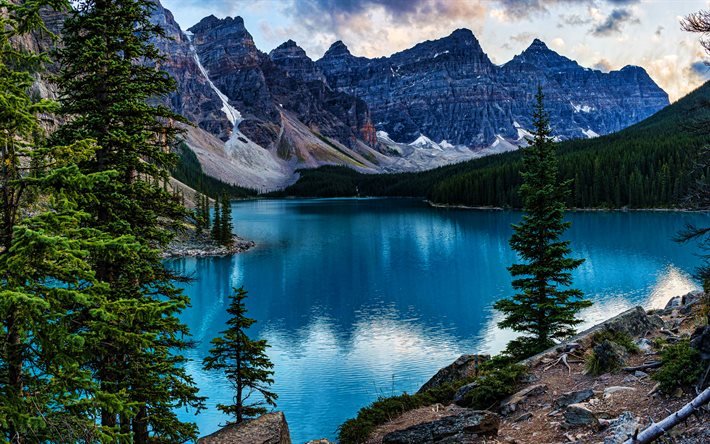Banff, Moraine Lake, 4k, evening, blue lake, North America, mountains, Banff National Park, beautiful nature, Canada, Alberta, HDR