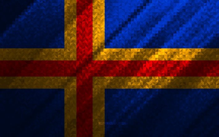 Flag of Aland Islands, multicolored abstraction, Aland Islands mosaic flag, Europe, Aland Islands, mosaic art, Aland Islands flag