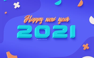 2021 Yeni Yıl, mavi yaratıcı sanat, 2021 3d arka plan, turkuaz 3d harfler, Mutlu Yıllar 2021, 2021 kavramları
