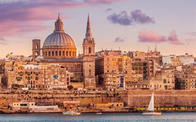 Igreja Conventual de S&#227;o Jo&#227;o, co-catedral cat&#243;lica romana, Valletta, Malta, noite, p&#244;r do sol, marco, paisagem urbana de Valletta