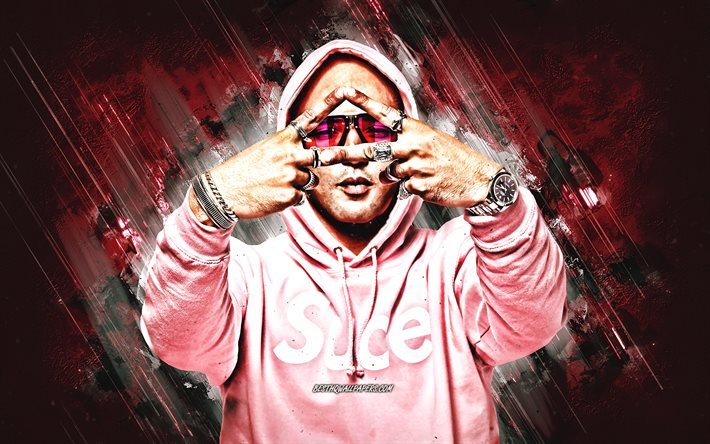 Alkpote, french rapper, portrait, pink stone background, creative art, Atef Kahlaoui