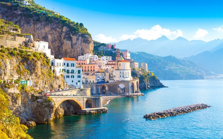 Amalfi, Gulf of Salerno, evening, sunset, rocks, beautiful Italian city, tourism to Italy, Salerno, Campania, Italy