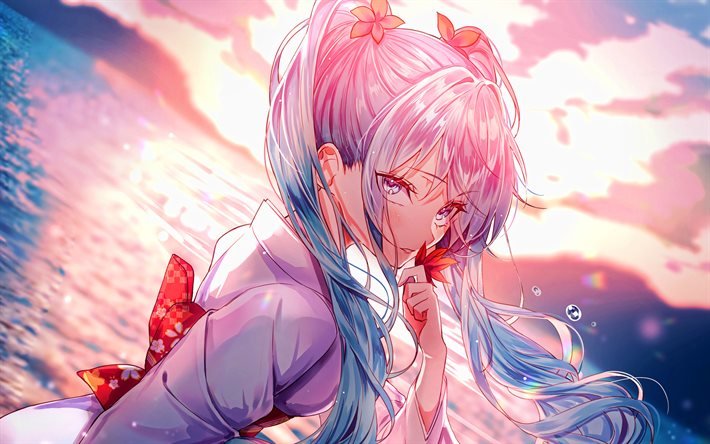 Hatsune Miku, sunset, 4k, Vocaloid characters, manga, sea, Vocaloid, Hatsune Miku Vocaloid