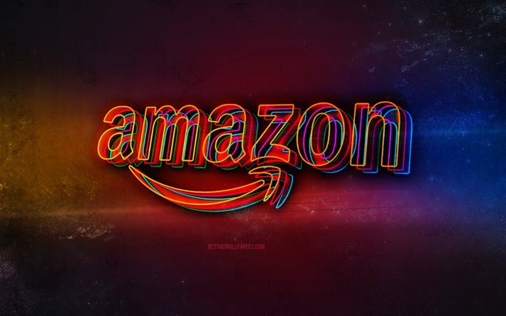 Logo Amazon, art n&#233;on l&#233;ger, embl&#232;me Amazon, logo n&#233;on Amazon, art cr&#233;atif, Amazon