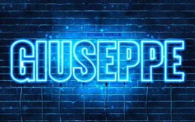 Giuseppe, 4k, fonds d&#39;&#233;cran avec des noms, nom de Giuseppe, n&#233;ons bleus, joyeux anniversaire Giuseppe, noms masculins italiens populaires, photo avec le nom de Giuseppe