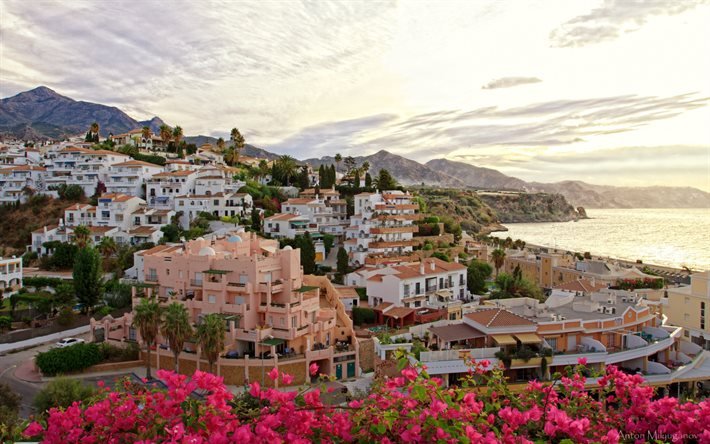 Andalusia, sera, tramonto, paesaggio urbano, mare mediterraneo, estate, Spagna