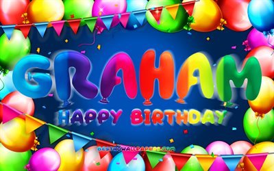 Happy Birthday Graham, 4k, colorful balloon frame, Graham name, blue background, Graham Happy Birthday, Graham Birthday, popular american male names, Birthday concept, Graham