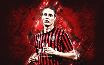 Andrea Conti, AC Milan, portrait, italian football player, red stone background, Serie A, football