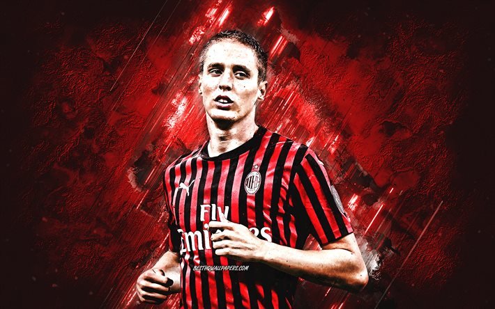 Andrea Conti, AC Milan, portrait, joueur de football italien, fond de pierre rouge, Serie A, football