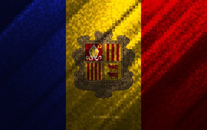 Flag of Andorra, multicolored abstraction, Andorra mosaic flag, Europe, Andorra, mosaic art, Andorra flag