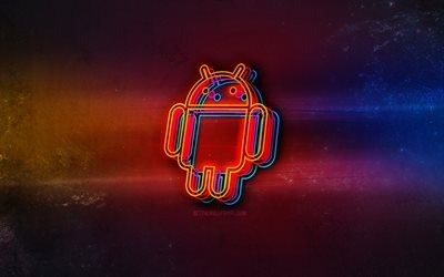 Android logosu, hafif neon sanatı, Android amblemi, Android neon logosu, yaratıcı sanat, Android