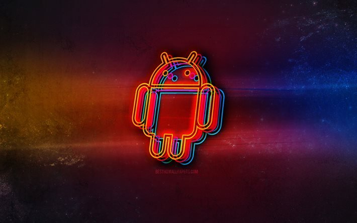 Android logosu, hafif neon sanatı, Android amblemi, Android neon logosu, yaratıcı sanat, Android