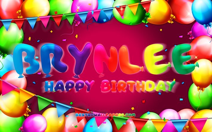 Buon compleanno Brynlee, 4k, cornice palloncino colorato, nome Brynlee, sfondo viola, buon compleanno Brynlee, compleanno Brynlee, nomi femminili americani popolari, concetto di compleanno, Brynlee