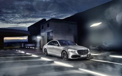 2021, Mercedes-Benz S-Class, 4k, front view, exterior, new silver S-Class, W223, german luxury cars, Mercedes