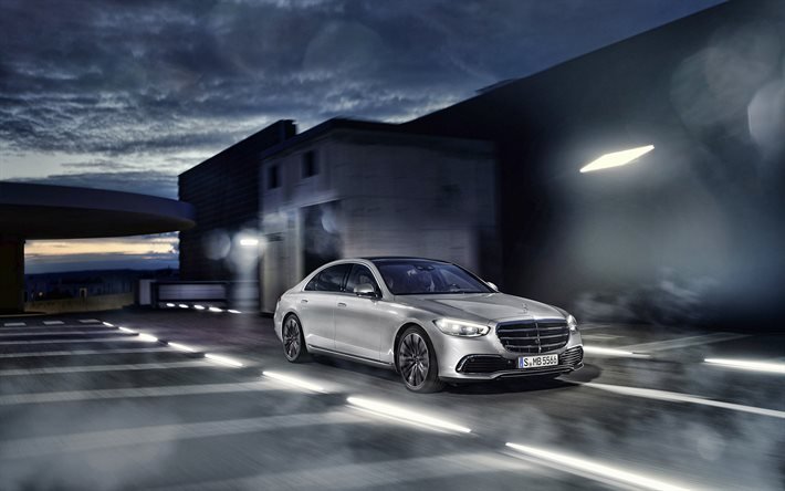 2021, Mercedes-Benz S-Class, 4k, vista frontal, exterior, novo prata S-Class, W223, carros de luxo alem&#227;es, Mercedes