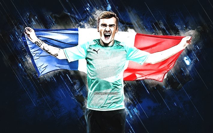 ダウンロード画像 アントワーヌ グリーズマン フランスの旗 フランスのフットボール選手 ポートレート 青い石の背景 France フットボール フリー のピクチャを無料デスクトップの壁紙