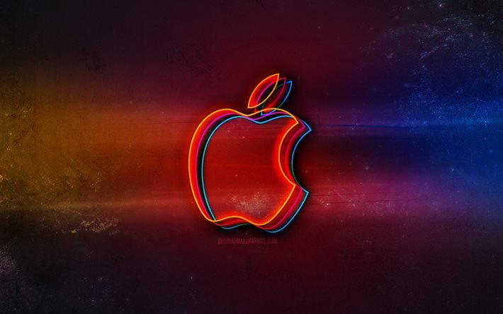 Logo Apple, art n&#233;on l&#233;ger, embl&#232;me Apple, logo n&#233;on Apple, art cr&#233;atif, Apple