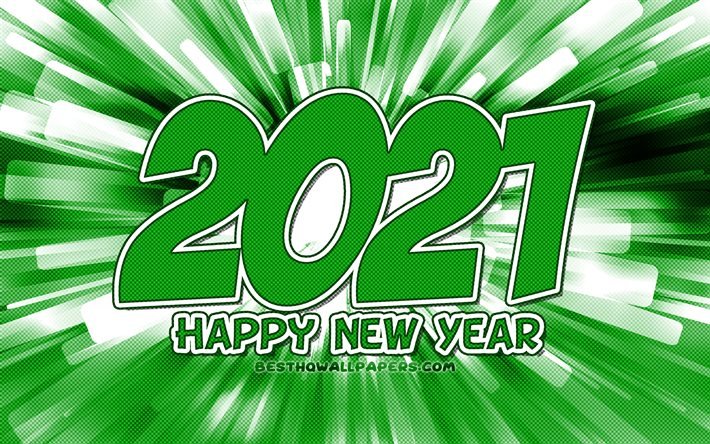 Feliz Ano Novo 2021, 4k, raios abstratos verdes, 2021 d&#237;gitos verdes, 2021 conceitos, 2021 em fundo verde, 2021 d&#237;gitos do ano