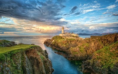 Fanad Head Lighthouse, 4k, auringonlasku, rannikon majakka, Irlanti, ISO-Britannia, kaunis luonto, Iso-Britannia