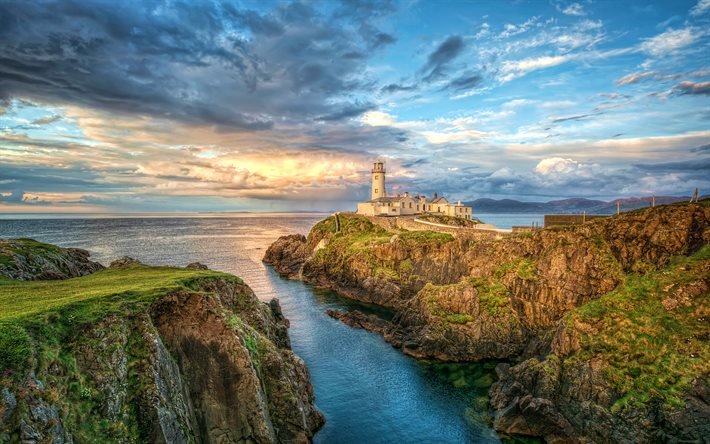 Fanad Head Lighthouse, 4K, tramonto, faro della costa, Irlanda, Regno Unito, bellissima natura, Gran Bretagna