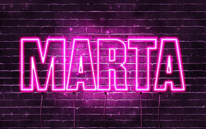 Marta, 4k, fonds d’&#233;cran avec des noms, noms f&#233;minins, nom marta, n&#233;ons violets, Joyeux anniversaire Marta, noms f&#233;minins italiens populaires, photo avec le nom de Marta