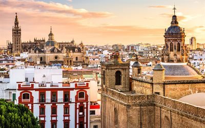 Sevillan arkeologinen museo, ilta, auringonlasku, Sevillan kaupunkikuva, panoraama, Sevilla, Espanja