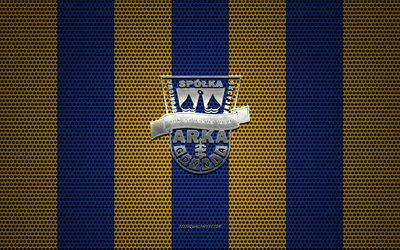 Arka Gdynia logo, Polish football club, metal emblem, blue and yellow metal mesh background, Arka Gdynia, Ekstraklasa, Gdynia, Poland, football