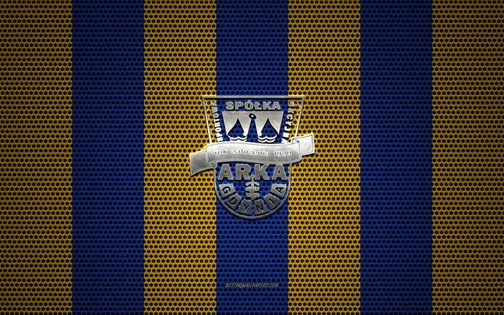 Logo Arka Gdynia, club di calcio polacco, emblema in metallo, sfondo in maglia metallica blu e gialla, Arka Gdynia, Ekstraklasa, Gdynia, Polonia, calcio