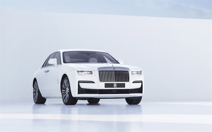 2021, Rolls-Royce Ghost, 4k, vista frontale, esterno, berlina bianca di lusso, nuovo fantasma bianco, auto britanniche, Rolls-Royce