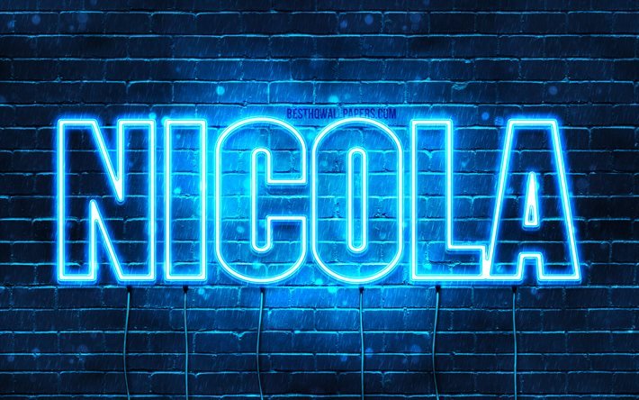 Nicola, 4k, bakgrundsbilder med namn, Nicola namn, bl&#229; neonljus, Grattis p&#229; f&#246;delsedagen Nicola, popul&#228;ra italienska manliga namn, bild med Nicola namn