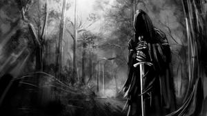 a black and white image of a grim reaper in the woods lord of the rings wallpaper