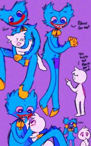 a blue cartoon character with a cat and a dog huggy wuggy wallpaper