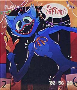a blue cat with a red nose and a blue hat huggy wuggy wallpaper