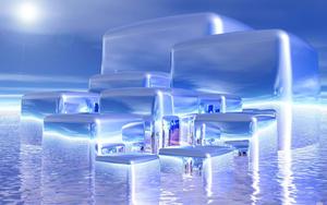 a blue ice cube sitting on the water y2k wallpaper