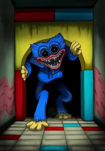 a blue monster is standing in a doorway huggy wuggy wallpaper
