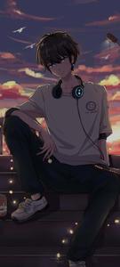 a boy sitting on steps with headphones anime boy wallpaper