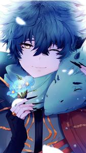 a boy with blue hair holding a flower Wallpaper
