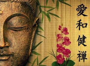 a buddha statue with flowers and bamboo buddha wallpaper