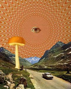 a car driving down a road with a mushroom in the background weirdcore wallpaper