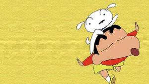a cartoon character is flying over a dog crayon shin chan wallpaper