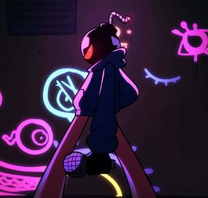 a cartoon character standing in front of neon lights fnf wallpaper