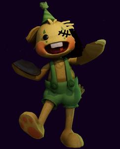 a cartoon character wearing green clothes and holding a pizza poppy playtime wallpaper
