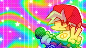 a cartoon character with a red hat and a rainbow background fnf wallpaper