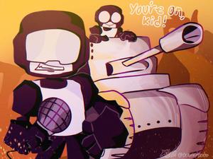 a cartoon character with a tank in front of him fnf wallpaper