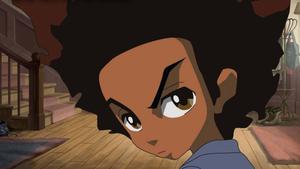 a cartoon character with afro hair standing in a room boondocks wallpaper