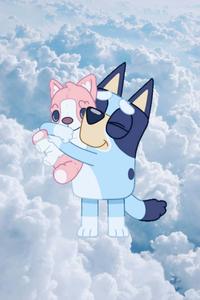 a cartoon dog and cat hugging in the sky bluey wallpaper