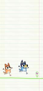 a cartoon drawing of two dogs running on a lined paper bluey wallpaper
